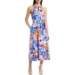 Eliza J Womens Floral Tiered Midi Cocktail Dress 6 Blue Multi - NWT $158